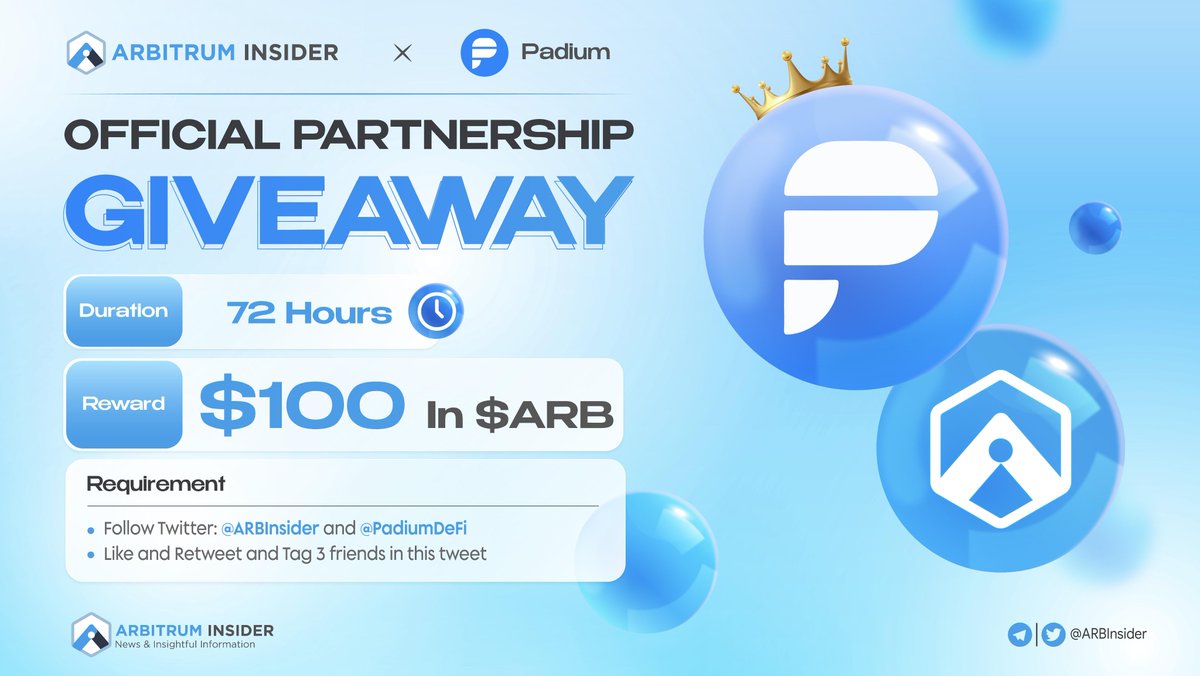 We are pleased to partner and host a giveaway with #Padium, the #Arbitrum native social-engagement Launchpad 🤝

🎁 $100 In $ARB for 5 luckiest winners

Rules: 
- Follow @ARBInsider &amp; <a href="/PadiumDeFi/">Padium - The Community-driven IDO platform</a>
- Like + RT + Tag 3 frens

⏰: 72 hrs

#Giveaway #Airdrop #Arbitrum