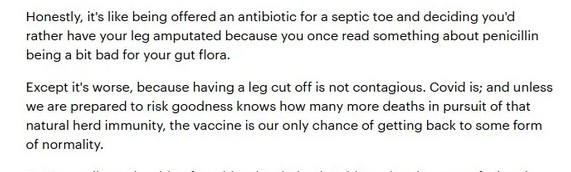 foxblog3's tweet photo. 8. Sarah chooses some absurd comparisons "its like being offered an antibiotic for a septic toe but rather having your leg amputated" except worse as "amputation is not contagious but covid is" . Pursuing herd immunity in #sarahsense meant deaths - vaxx was the way to normaility https://t.co/sbiE0MF8P1