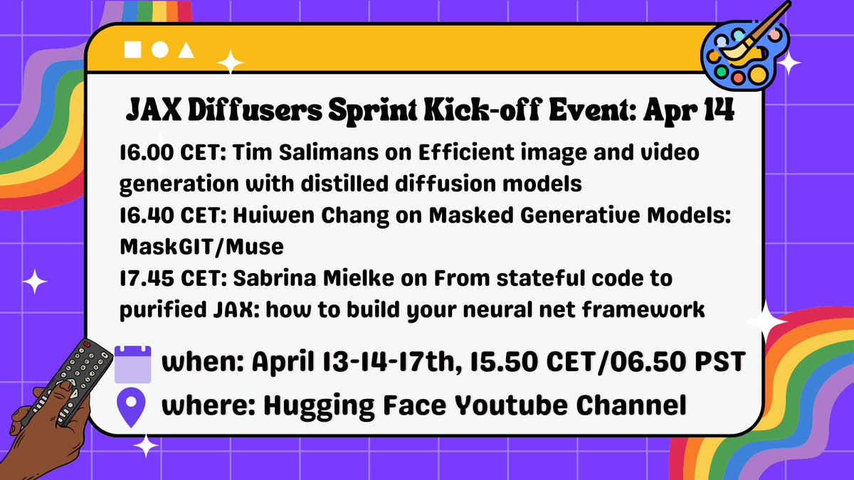 To kick-off the JAX diffusers event we are having a series of talks for three days! 👨‍🎤🧑‍🎤👩‍🎤 On 14th of April we will be hosting @TimSalimans from Google Brain, Huiwen Chang from Google Research and @sjmielke from John Hopkins University 🤩 🔔 Set your reminders here not to…