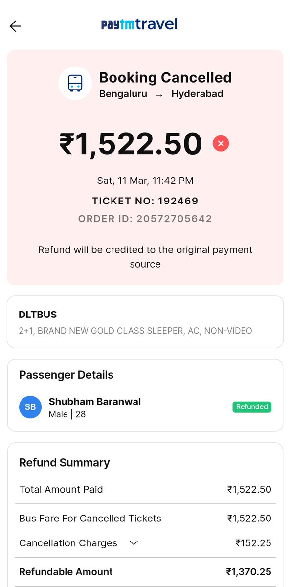shubaran's tweet photo. @Paytm @Paytmcare in this era of everything AI, how many weeks do I have to wait just to get a refund of cancellation!! 
My 2 bus tickets' refunds are pending for a month now.
Customer care is useless. Redbus provided refund the same day I cancelled. When will Paytm bus refund? https://t.co/5ePIkuXgPQ