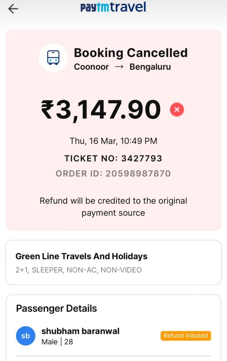 shubaran's tweet photo. @Paytm @Paytmcare in this era of everything AI, how many weeks do I have to wait just to get a refund of cancellation!! 
My 2 bus tickets' refunds are pending for a month now.
Customer care is useless. Redbus provided refund the same day I cancelled. When will Paytm bus refund? https://t.co/5ePIkuXgPQ