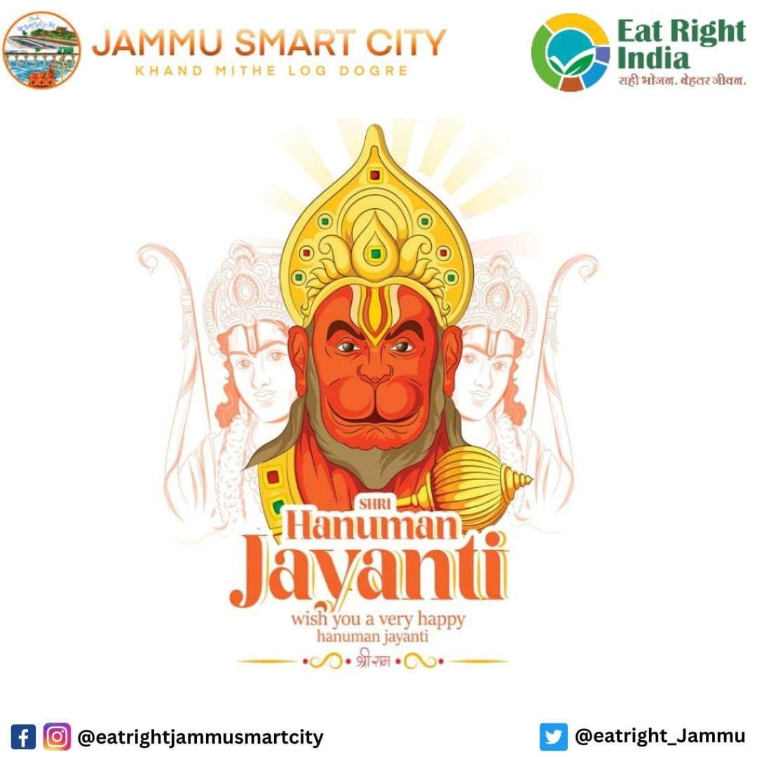 EatRight_Jammu's tweet photo. ॐ आञ्जनेयाय विद्महे वायुपुत्राय धीमहि। तन्नो हनुमत् प्रचोदयात्॥
 #HanumanJayanti2023 #HanumanJi
#eatrightjammu #eatrightchallenge #eatrightindia #jammusmartcitylimited #jammu #fssai #foodfortification #sustainablefood #healthyeating #healthyindia #swasthabharat https://t.co/B4FvNr7djO
