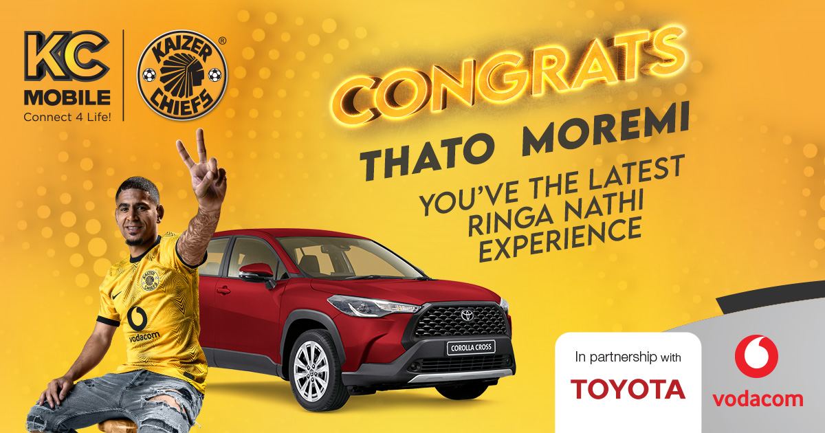 KaizerChiefs's tweet photo. Congratulations to Thato Moremi for being this month’s winner of the #RingaNathi Experience. 
To stand a chance of winning the next #RingaNathi Experience and an entry to the grand prize draw of a @ToyotaSA Corolla Cross XS at the end of the season  

#KCMobile #KCMToyotaGiveaway https://t.co/Ssl2ule0uS