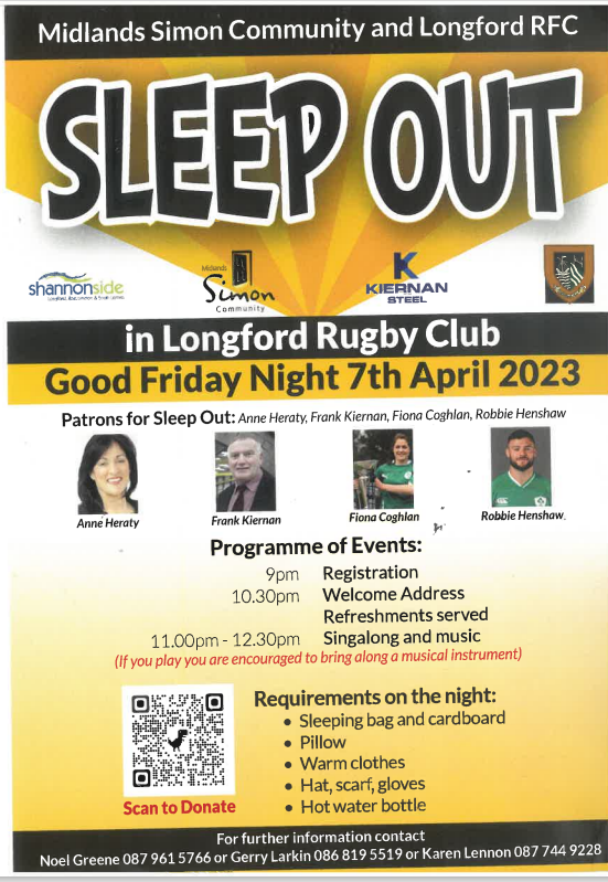 Kiernan Steel (@steelkiern63966) on Twitter photo Join the Sleep out for the local Simon Community in the Rugby club Longford tomorrow Good Friday at 9pm. <a href="/AnneHeraty/">Anne Heraty</a> <a href="/ciaranmullooly/">Ciaran Mullooly MEP</a> <a href="/KilloeGAA/">Killoe GAA</a> Join the Sleep out for the local Simon Community in the Rugby club Longford tomorrow Good Friday at 9pm. <a href="/AnneHeraty/">Anne Heraty</a> <a href="/ciaranmullooly/">Ciaran Mullooly MEP</a> <a href="/KilloeGAA/">Killoe GAA</a>
