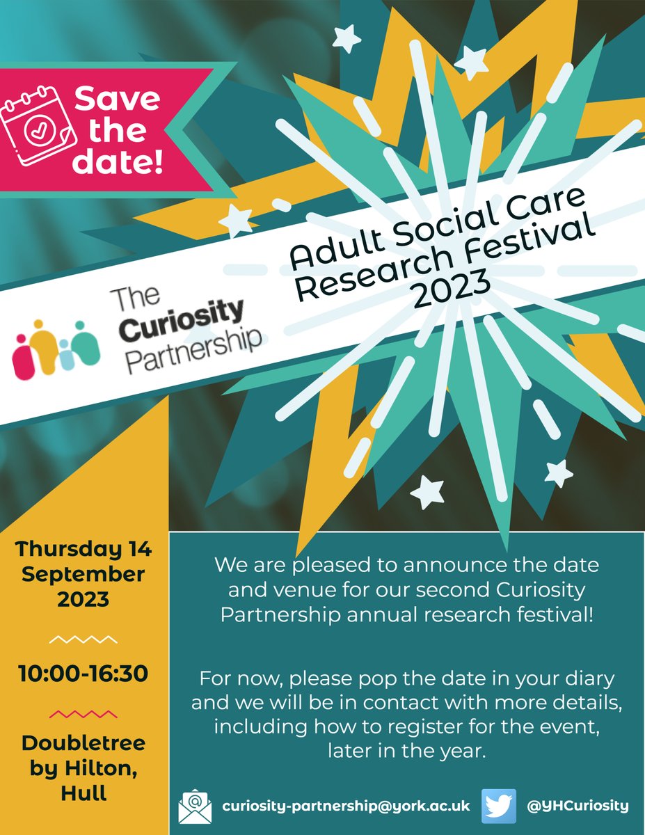 🚨DATE FOR YOUR DIARY - the second annual Curiosity Partnership Adult Social Care research festival!

🗓️Thursday 14 September
🏢Doubletree by Hilton, Hull
💥More details to follow... watch this space!
