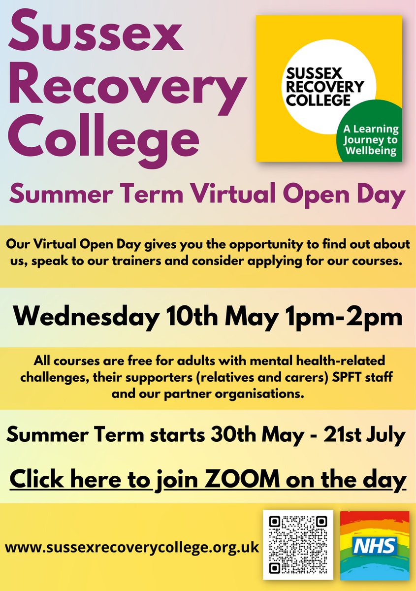We have a Virtual Open Day on May 10th for our new Summer Term.

Head to our website for more information.
sussexrecoverycollege.org.uk/news/summer-te…

Please share and spread the word.
<a href="/SPFT_NHS/">Sussex Partnership</a>