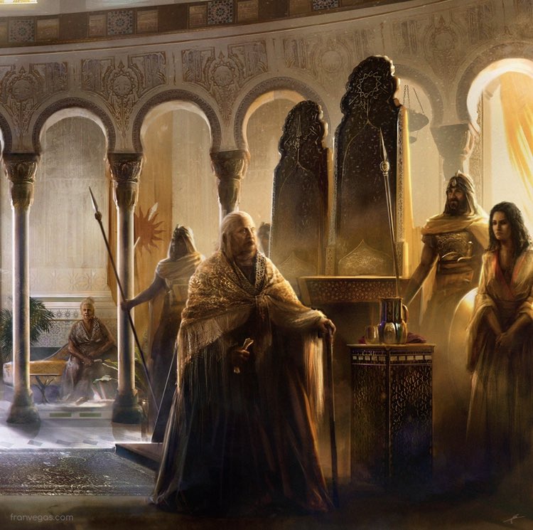 fvegasart's tweet photo. 🟠☀️Details of “Meria Martell receives The letter from Aegon the conqueror” illustration. It’s full of Andalusian cultural references in clothing, architecture and props 💙
#sunspear #dorne #asoiaf #hotd #got #HouseOfthedragon #fantasy #fanart #HBO #HBOMax #conceptart #westeros https://t.co/3MajfX1RrC