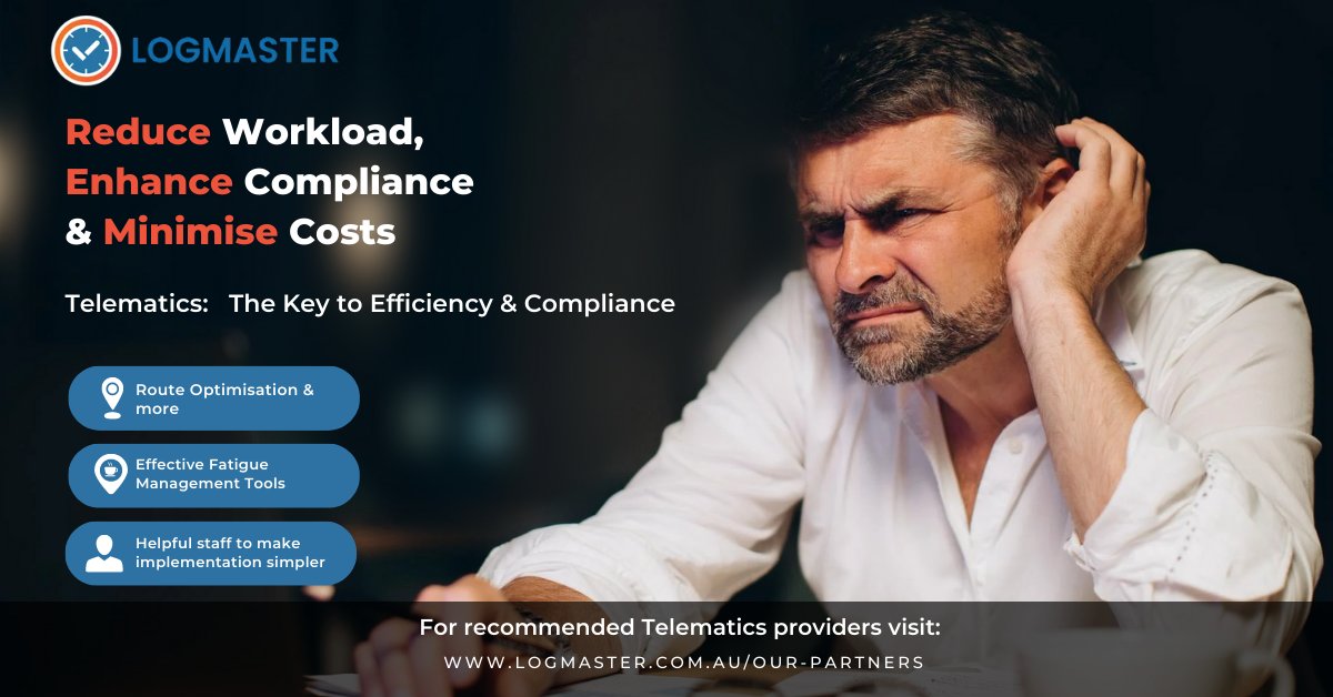 LogmasterAU's tweet image. Reduce workload, enhance compliance and minimise costs.  
For a list of Telematics providers that work with Logmaster’s transport compliance and fatigue management system, rfr.bz/t5mqq1o

#transport #compliance #telematics
#fatiguemanagement