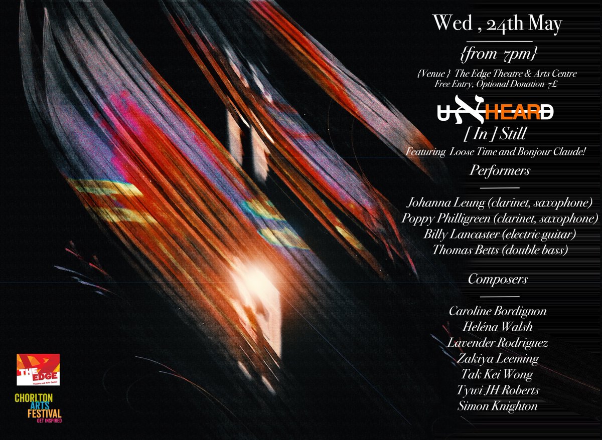 Join us at Chorlton Art Festival this year for an immersive musical experience inspired by the spirit and scenery of the local area! 

Free admission with optional donation.

Poster designed by Milanas Brizinskas
#newmusic #contemporarymusic #electronicmusic