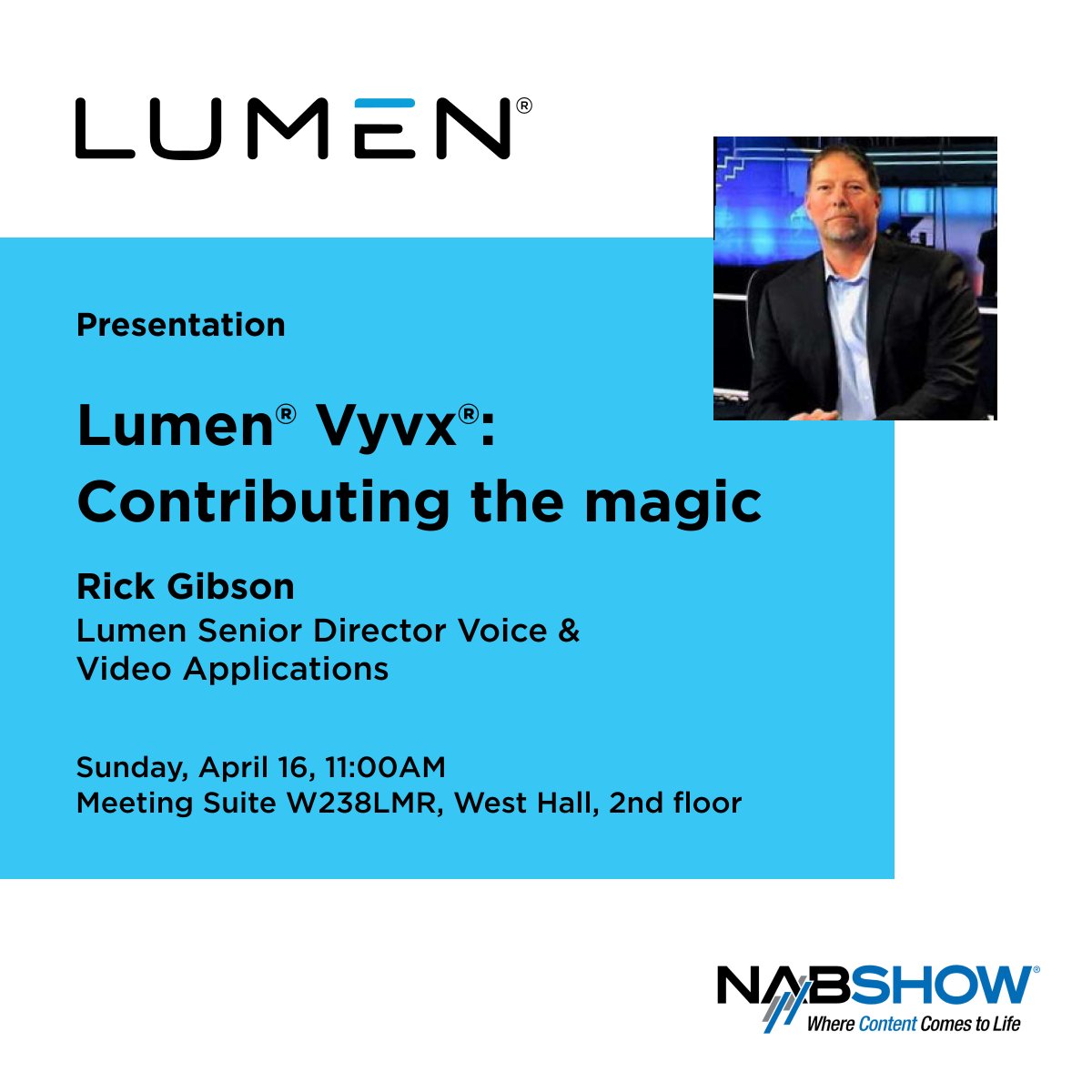 Mark your calendars! Lumen is hosting a special talk about Vyvx® on Sunday April 16 at 11AM. If you're attending the #NABShow, don't miss Rick Gibson explain how Vyvx® contributes to delivering the magic of football.
#NAB2023 #streamingmedia #videodelivery