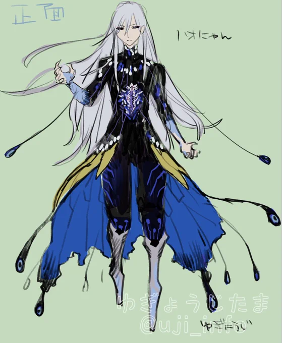 ハオにゃんの脱皮後の簡易デザイン画見て描かないとまちがえるのでここ数ヶ月ずっと画面上に置いておいていたのですがそろそろしまっちゃうので記念にツイートコンセプトはフィギュアスケートの衣装です。服ではなくこういう形の生き物なので黒焦げ状態から蘇ってきてもこの形に戻る安心設計です 