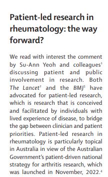 Correspondence in our April issue—<a href="/danielleberko/">Danielle Berkovic</a> <a href="/IlanaAckerman/">Ilana Ackerman</a> &amp; <a href="/RachelleBuchbin/">Rachelle Buchbinder</a> advocate for better patient-led rheumatology research, in response to the  Australian Government's recent patient-driven national strategy for arthritis research
thelancet.com/journals/lanrh…