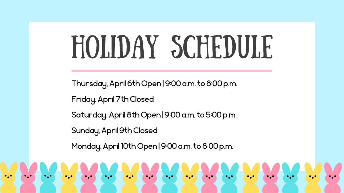 The Trumbull Library System will be closed this Friday, April 7th and Sunday, April 9th in observance of the holiday. We are here today, Thursday, April 6th and Saturday, April 8th from 9:00 a.m. to 5:00 p.m. 🐰 Hop on by today to pick up your next read!