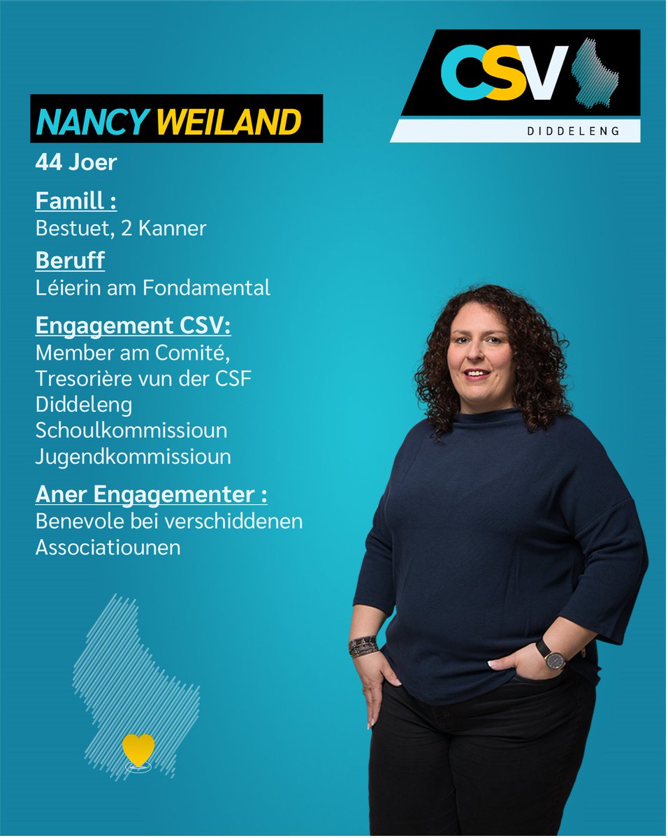 CSVDiddeleng's tweet photo. Haut stellen mir iech d'Nancy WEILAND fir. Mat engem integrativen Message!
MÉI NO. MÉI DIDDELENG. MÉI BEWEEGEN.
#csvdiddeleng #gemengenwalen2023 #echkawielen #jepeuxvoter #ichkannwaehlen #icanvote https://t.co/lKPFzNpnJf