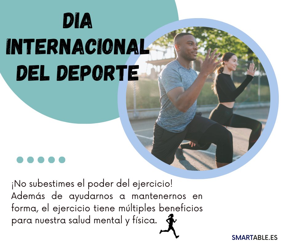 smartable_es's tweet photo. ¡Celebremos el #DíaMundialDelDeporte! 💪🏃♀️🏋️♂️🚴♀️🏊♂️ No importa cuál sea tu deporte o actividad física favorita, lo importante hoy y siempre, a mantenernos activos! #deporte #salud #bienestar. https://t.co/0kp93lyEdl