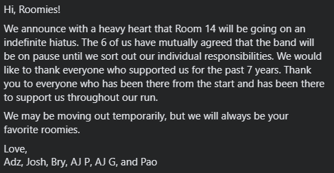Room14Music's tweet photo. Hi Roomies! 

We have an announcement to make. https://t.co/KzszsRMm4f