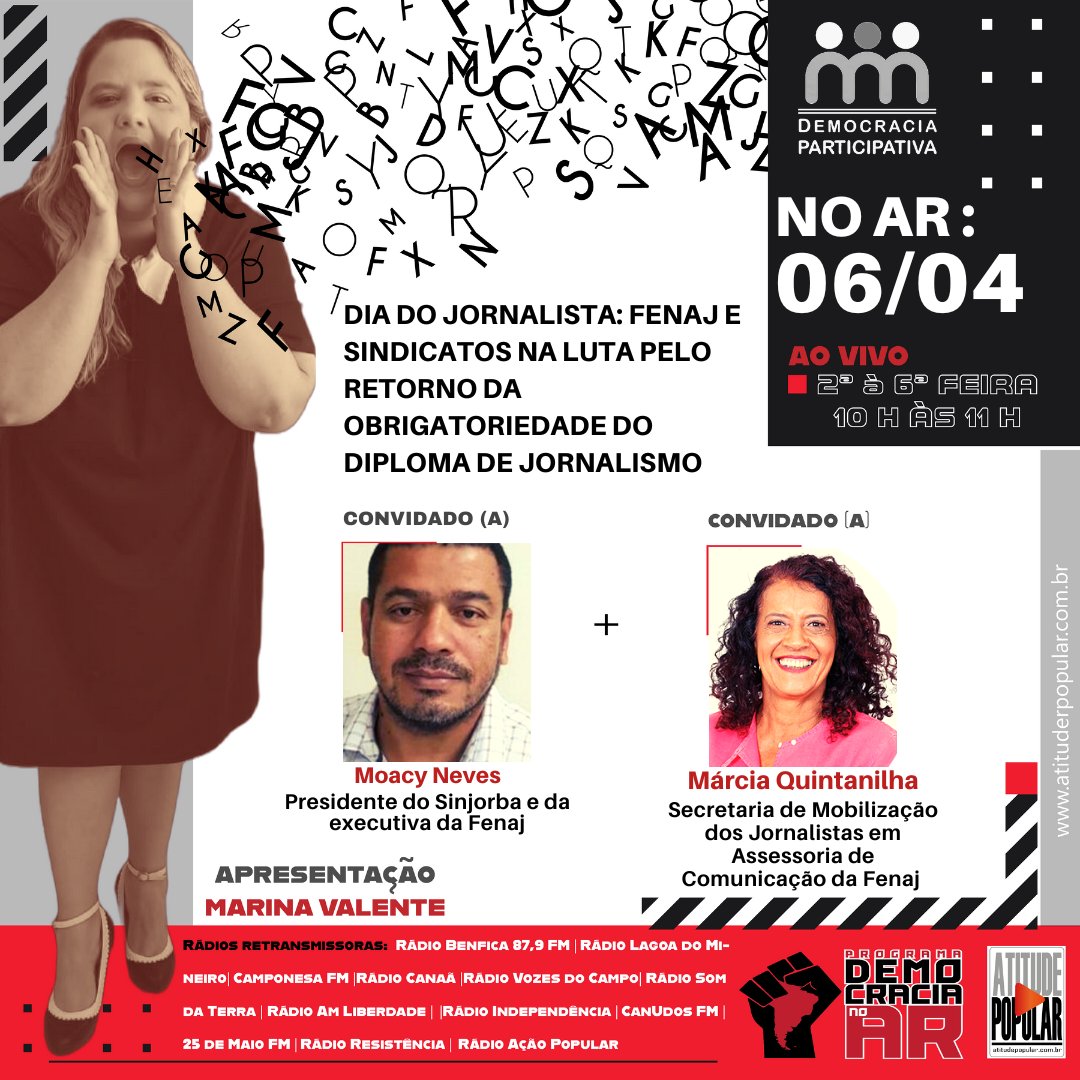 donamegafone's tweet photo. DIA DO JORNALISTA: FENAJ E SINDICATOS NA LUTA PELO RETORNO DA OBRIGATORIEDADE DO DIPLOMA DE JORNALISMO
Convidados: Moacy Neves (Presidente do Sinjorba) e Márcia Quintanilha (Secretaria em Assessoria de Comunicação da Fenaj)
#DemocracianoAr #Fenaj #DiadoJornalista  #MarinaValente https://t.co/chchR6yuJp