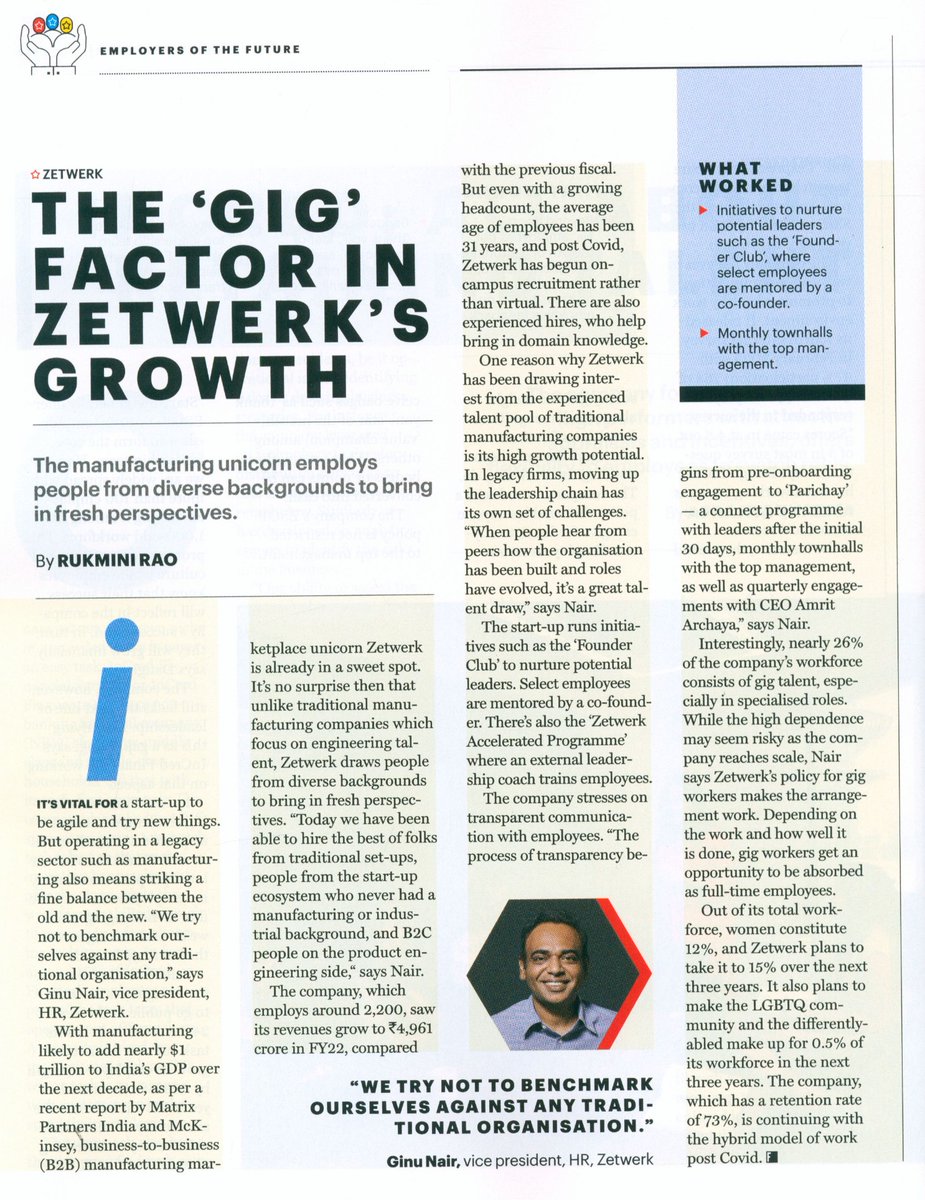 Honoured to be featured as part of @FortuneIndia's Employers of the Future! At Zetwerk, we believe in nurturing a collaborative environment with a culture of ownership & sense of belonging across teams. Visit zetwerk.com/careers to explore #CareersAtZetwerk @leadupuniverse