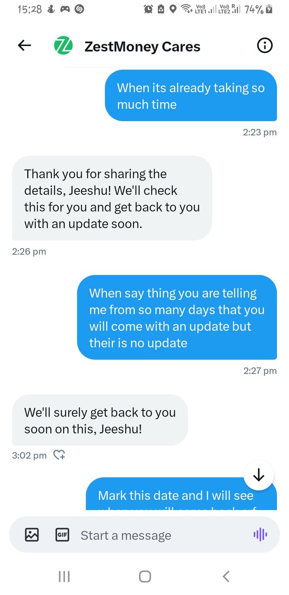jeeshu_sah007's tweet photo. @ZestMoneyCares @ZestMoney @ChapmanLizzie It has been so many days and still they didn't solved my problem and not refunding my money. Whenever I ask them they just say will update you soon but they never say anything until I message them. I want my money with interest now. https://t.co/lBsJxcLm4u