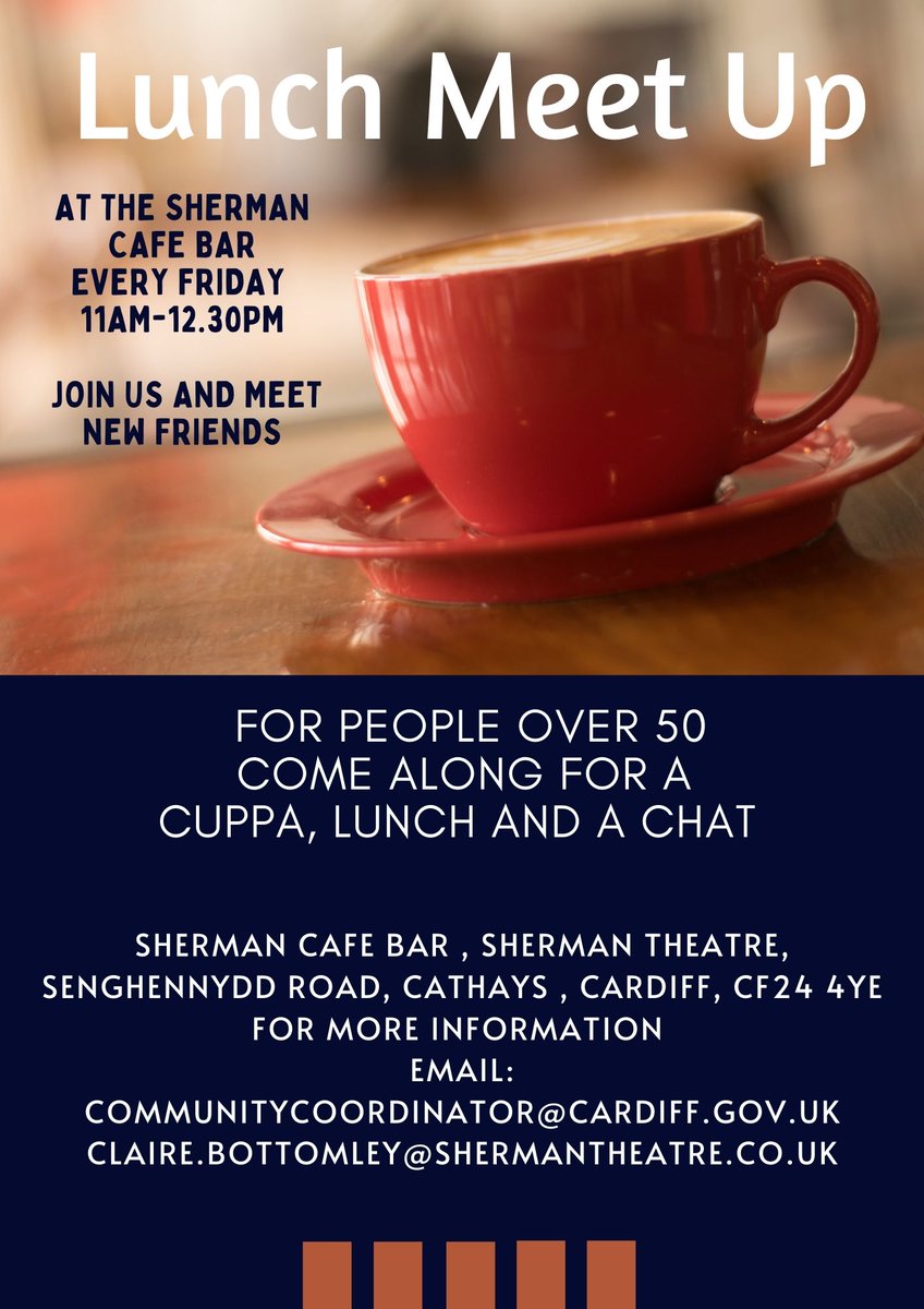 Sherman 5 (@shermantheatre5) on Twitter photo We are taking an Easter break from our weekly Luncheon Club tomorrow (7 April) and will return on Friday 14 April. Come and join our Sherman 5 team in the foyer from 11.30am - 1.30pm.
For more information, email: claire.bottomley@shermantheatre.co.uk We are taking an Easter break from our weekly Luncheon Club tomorrow (7 April) and will return on Friday 14 April. Come and join our Sherman 5 team in the foyer from 11.30am - 1.30pm.
For more information, email: claire.bottomley@shermantheatre.co.uk