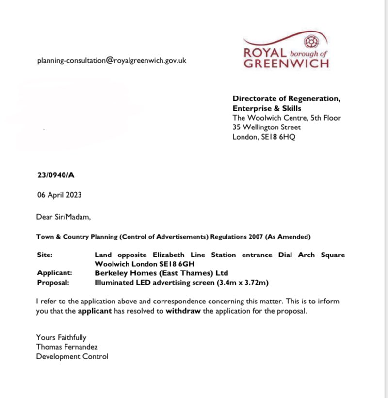 Great news! Berkeleys withdrew their application 🎉

#Woolwich #WoolwichArsenal #WoolwichRiverside #RoyalArsenal #RoyalArsenalRiverside <a href="/TheMurkyDepths/">Murky Depths</a> @samlittlewooduk
