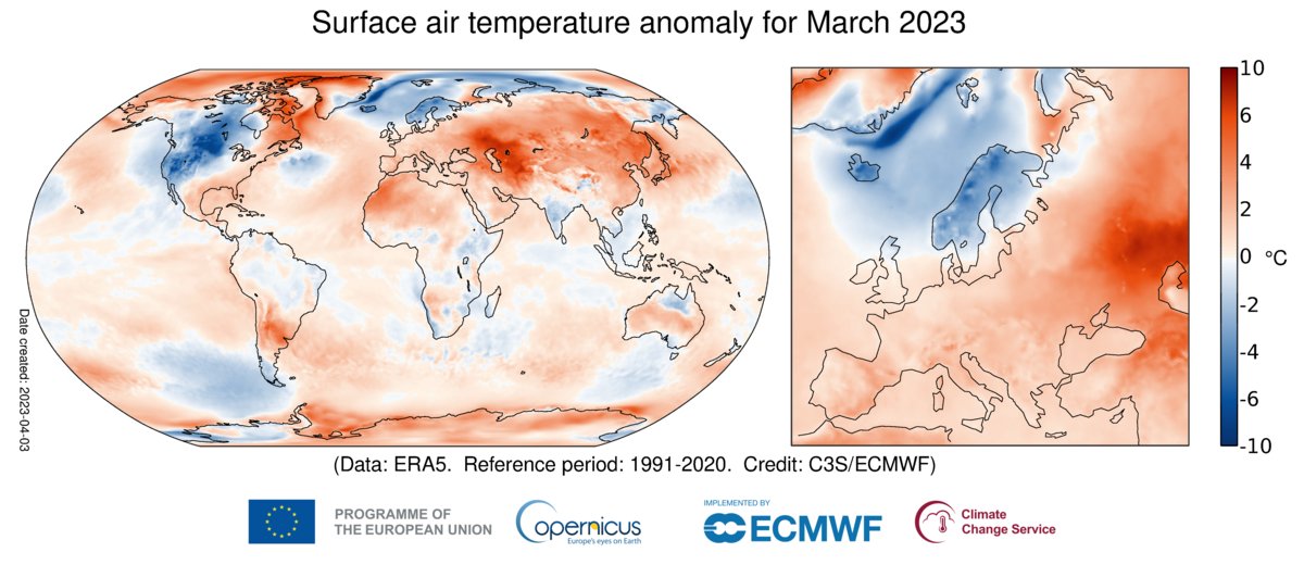 It was the second joint warmest March on record, and Antarctic sea ice was second lowest on record, according to <a href="/CopernicusECMWF/">Copernicus ECMWF</a> #ClimateChange service
bit.ly/3ZRkJrz