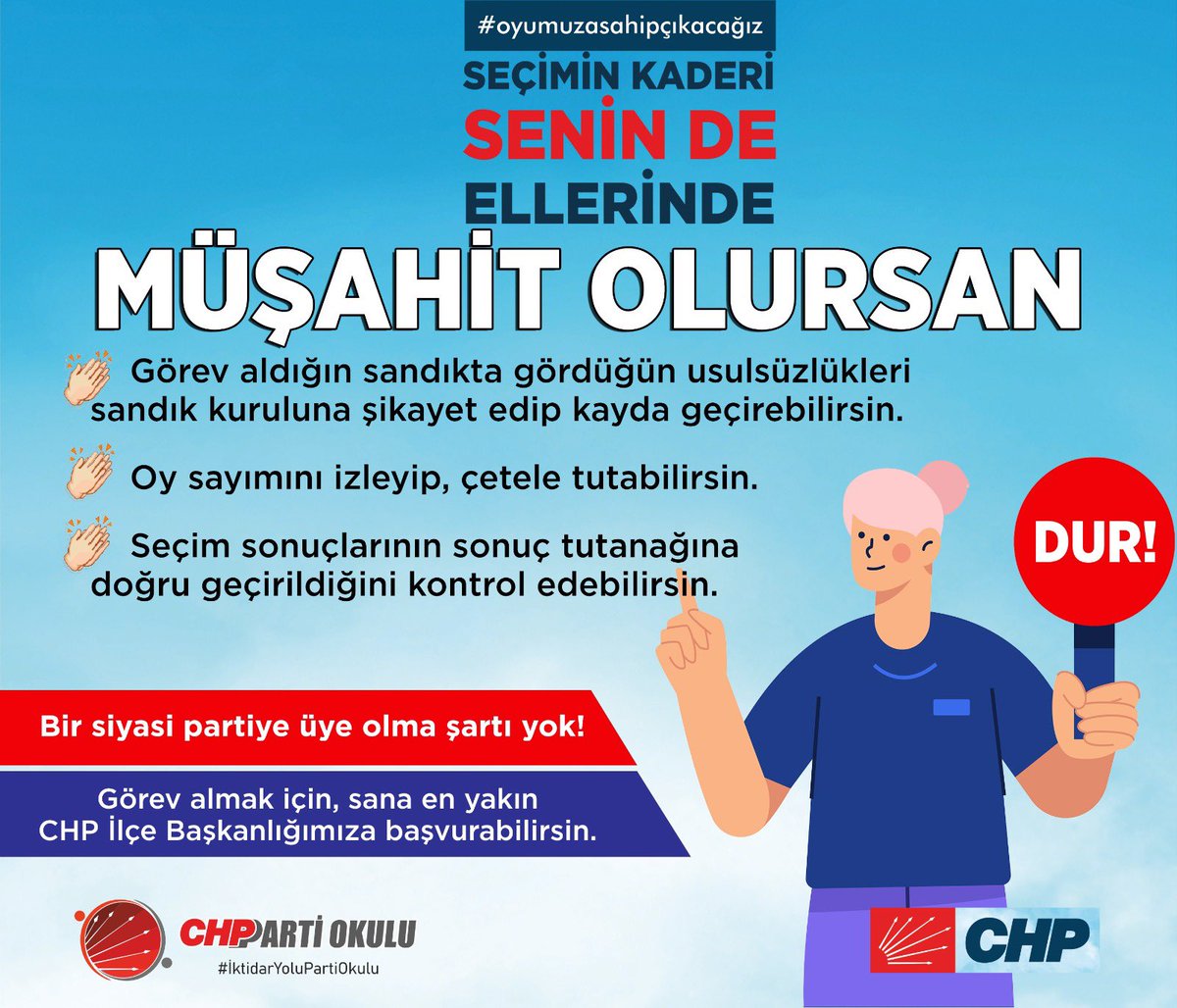 Neden müşahit olmalısın? 🤔
Sen de en yakın il başkanlığına ve ilçe başkanlığına başvurarak müşahit olabilirsin.
En yakın adresi buradan seçin ⬇️
chp.org.tr/iletisim/il-il…

#SanaSöz, kullandığın oy CHP ile emin ellerde!