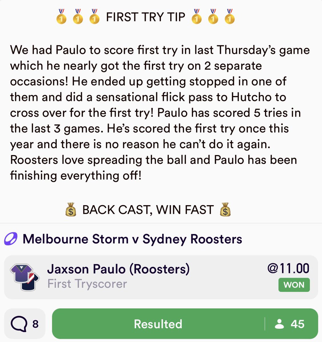 BACK CAST, WIN FAST (LITERALLY) 💰

Join us now: tinyurl.com/329yce2t 👈

#Bang #FirstTry #JaxsonPaulo #NRLStormRoosters