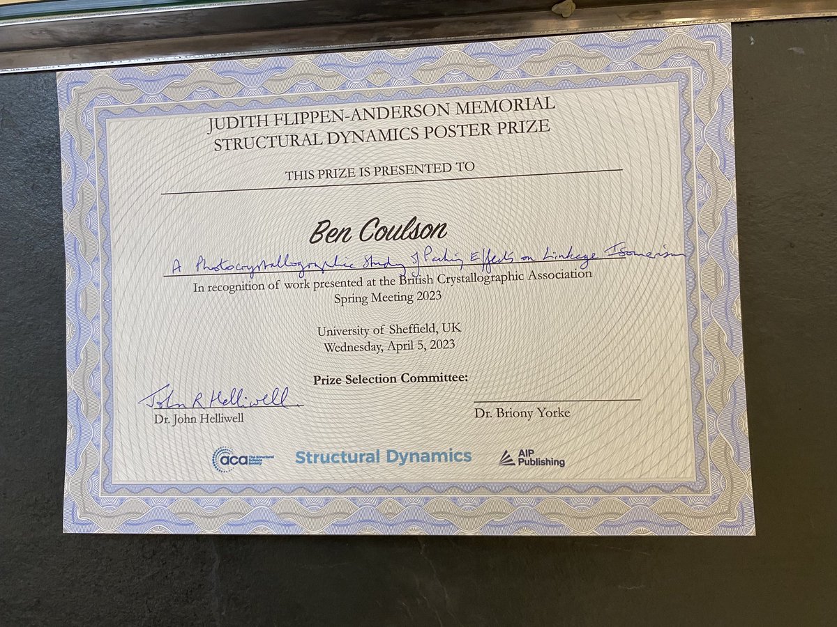 Hearty congratulations to Ben Coulson, the ⁦<a href="/ACAxtal/">ACAxtal</a>⁩ AIPP poster prize winner ⁦<a href="/britcryst/">BCA</a>⁩ 2023 in Sheffield.
