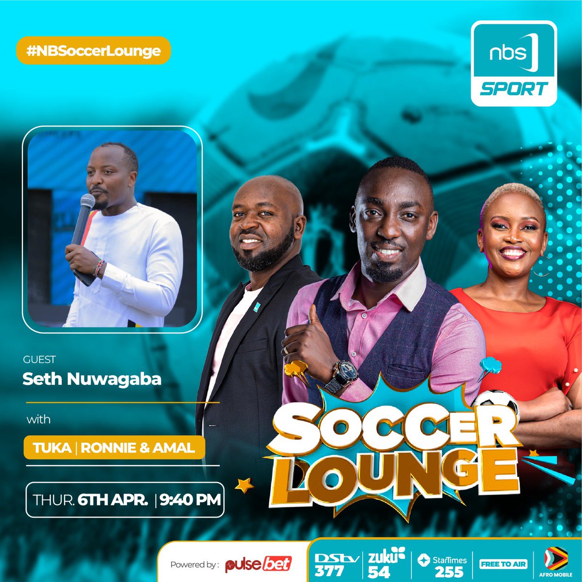 Our Corporate Affairs Manager, @EmceeSeth shall be hosted by @NBSportUg today at 9:40pm to give views on how best the @UPL can tap into the almuni leagues for publicity.
Don’t miss out on the conversation 

#NBSoccerLounge 
#NBSportUpdates