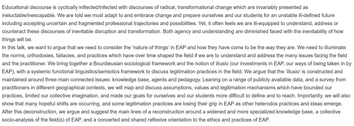 @LaetitiaM19 &amp; I will be presenting 'Twisting the screw the other way: Legitimising EAP differently' at BALEAP 2023 conference sched.co/1HpP5 <a href="/BALEAP/">BALEAP</a> #BALEAP2023 - taking Bourdieu to EAP &amp; discussing our recent scholarship analysing the field of EAP and its practitioners