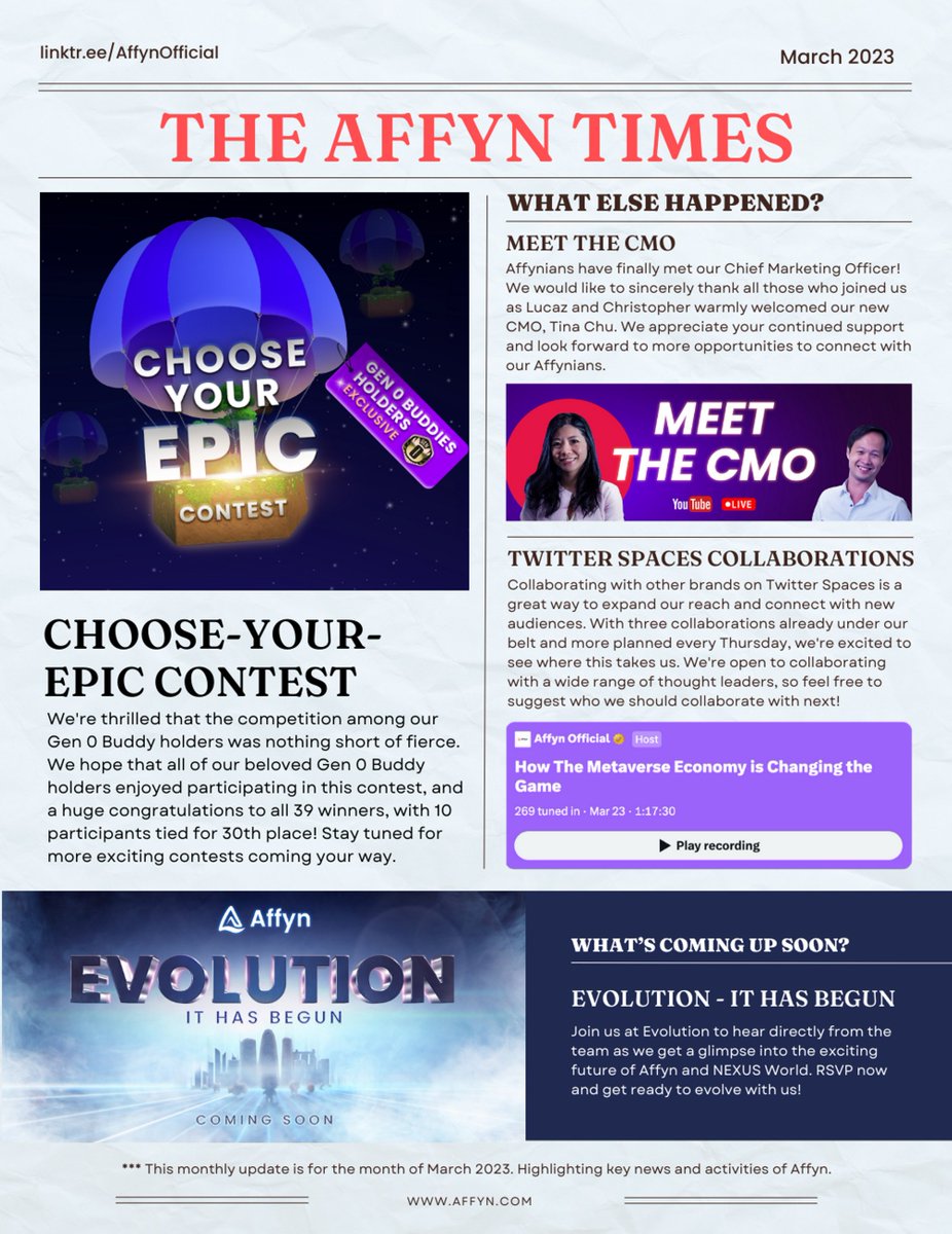AffynOfficial's tweet photo. ๐๏ธ ๐ง๐๐ ๐๐๐๐ฌ๐ก ๐ง๐๐ ๐๐ฆ ๐๏ธ
๐ What an exciting ride for March! We unveiled our CMO, had an EPIC Gen 0 airdrop, and loads of Twitter Space collabs ๐ฅ
Gear up for another thrilling month ahead as we launch into Evolution! ๐
#AffynTimes https://t.co/TNVQxfR7MI