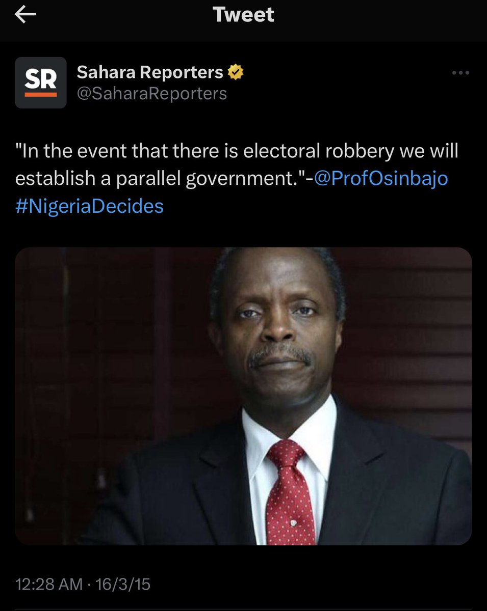 VictorIsrael_'s tweet photo. Nigerians speak up! Professor Yemi Osinbajo said worse in 2015. Do not be know what it means to come on National TV to tell the world you’ll establish a parallel government? He wasn’t charged with treason. He wasn’t asked to leave the country. APC! Una be hypocrites

Pass it on📌 https://t.co/zh27VhqQ1O