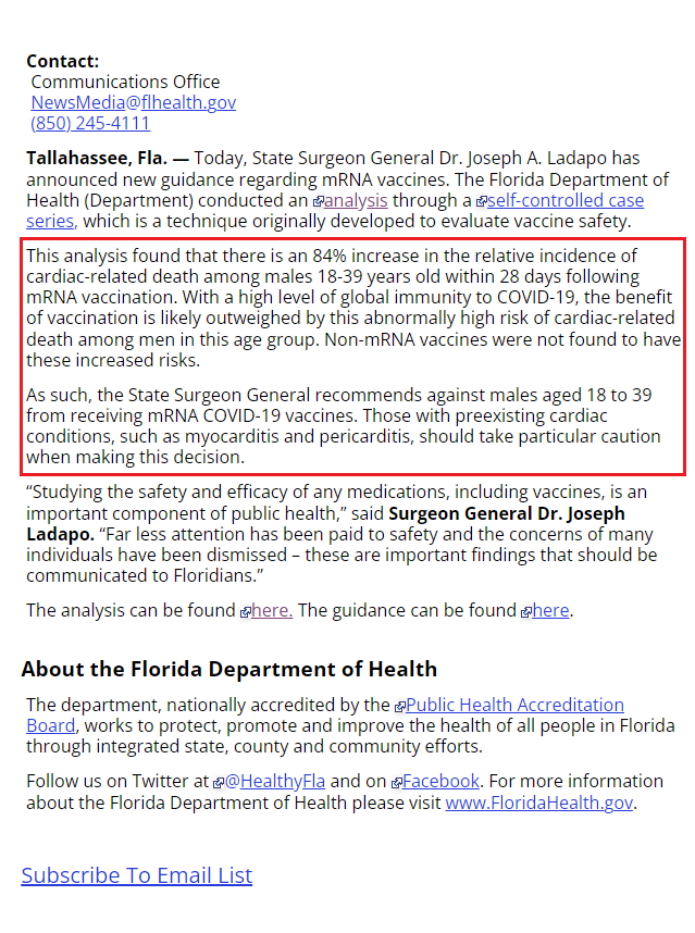 Indiefutures's tweet photo. @Poplak Don't you think you have a duty to inform your readers of the Florida Surgeon General's new guidance on vaccines? Because it can't just be happening in Florida. Isn't that what the Press is for? @ProfTimNoakes https://t.co/wmCWIOgYcX