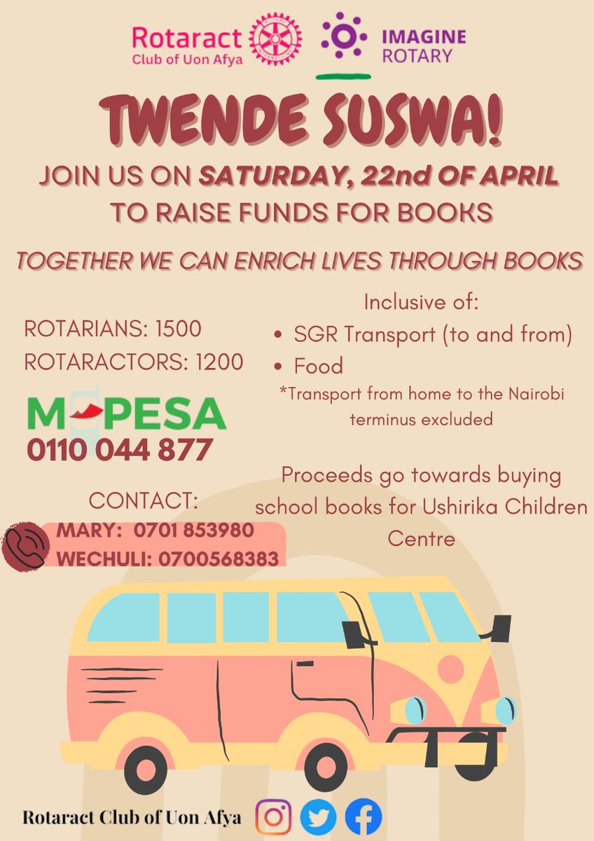 MadarakaRotary's tweet photo. Join us on a scenic train ride from Nairobi to Suswa for a fun-filled picnic with a purpose! Let's raise funds together to purchase school books for children in need.
#RidingForACause #PicnicOnTheRails #EducationForAll #WeAreMadaraka https://t.co/lI9KaQ1e5T