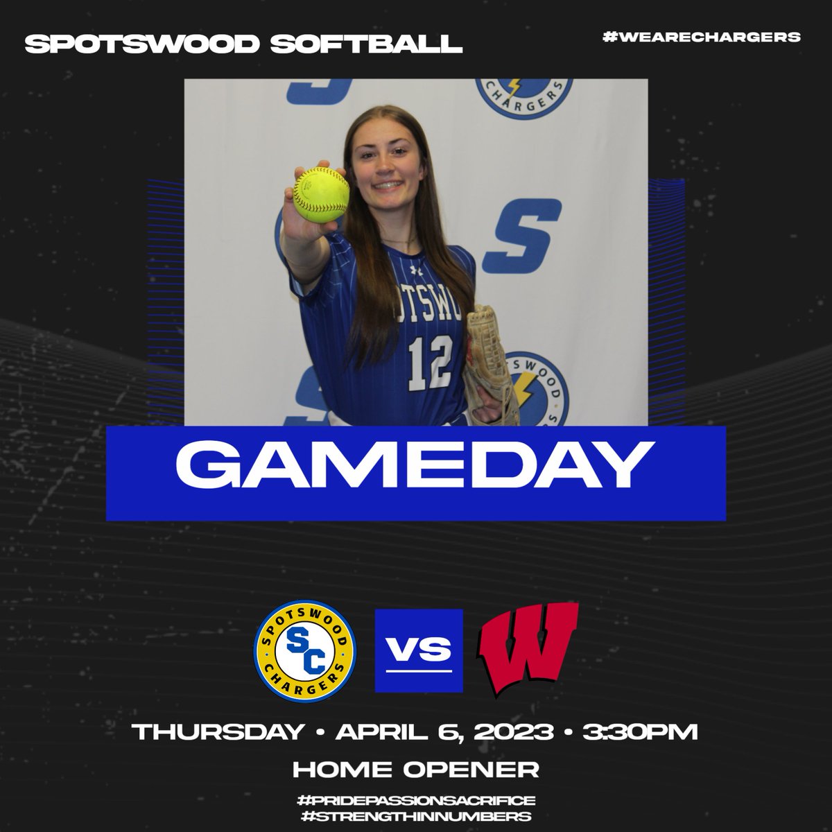 SpotsSoftball's tweet photo. Home Opener Today Against Woodbridge in a White Division Match Up! Come Out and Support the Squad! Fill The Hill!! #WeAreChargers #PridePassionSacrifice #StrengthInNumbers https://t.co/oLiUNM6dcK