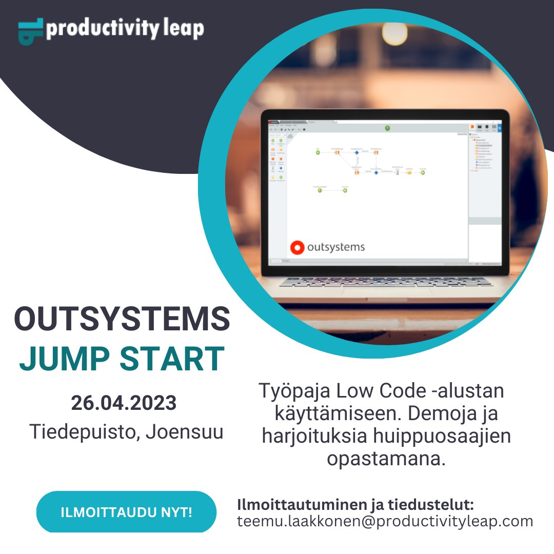Productivity Leap ja OutSystems järjestävät yhteisen Jump Start-työpajan Joensuussa 26.04! 

Työpaja sisältää useita demoja ja harjoituksia huippuosaajien opastamana.

Ilmoittautumiset osoitteeseen: teemu.laakkonen@productivityleap.com

Lisätietoja: tinyurl.com/3bff73zp