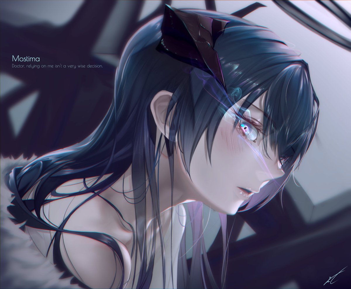 mostima (arknights) 1girl horns solo long hair blue hair halo looking at viewer  illustration images