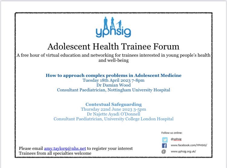 yphsig's tweet image. Calling all paediatric trainees with interest in adolescent health. Upcoming online learning events.