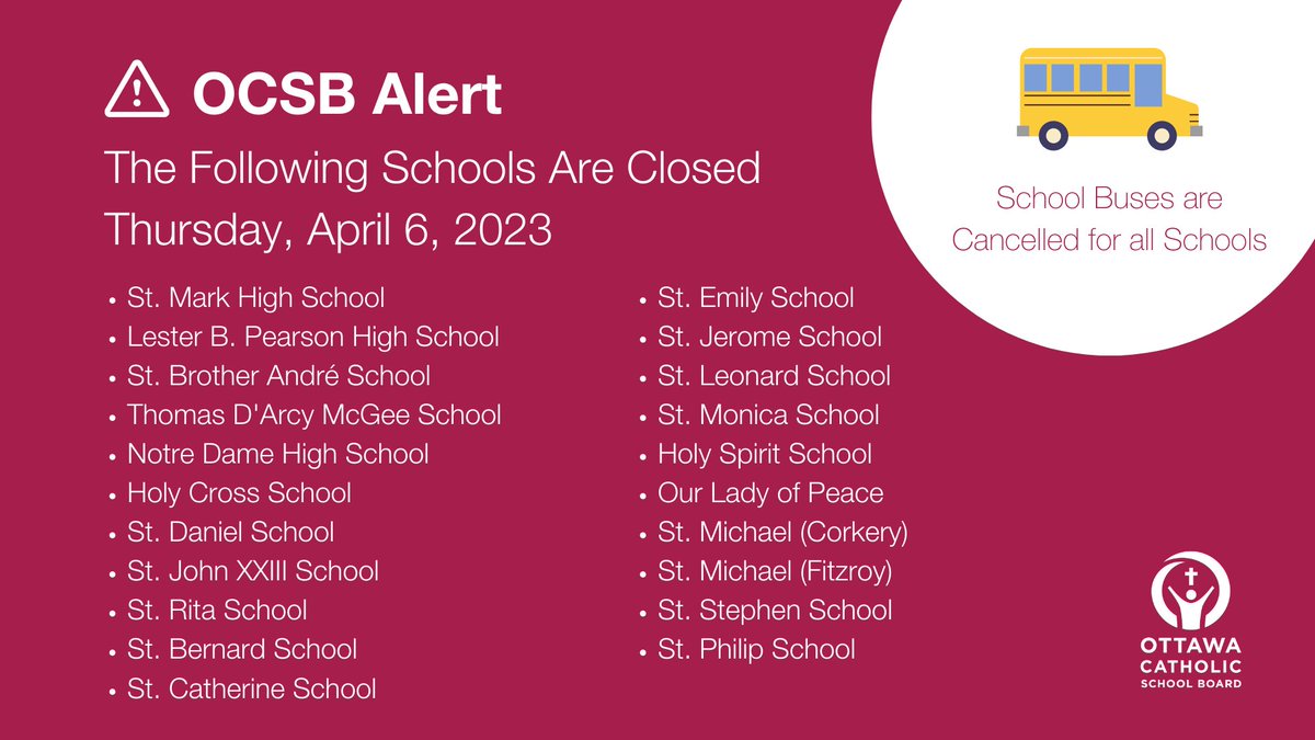⚠️ ALERT: The following schools are closed today, Thursday, April 6, 2023, due to power outages.  There will be no remote learning for these schools. 

<a href="/OttSchoolBus/">OSTA</a> has also cancelled all buses &amp; vans. 

🙏 Thank you for your patience and understanding. #ottnews