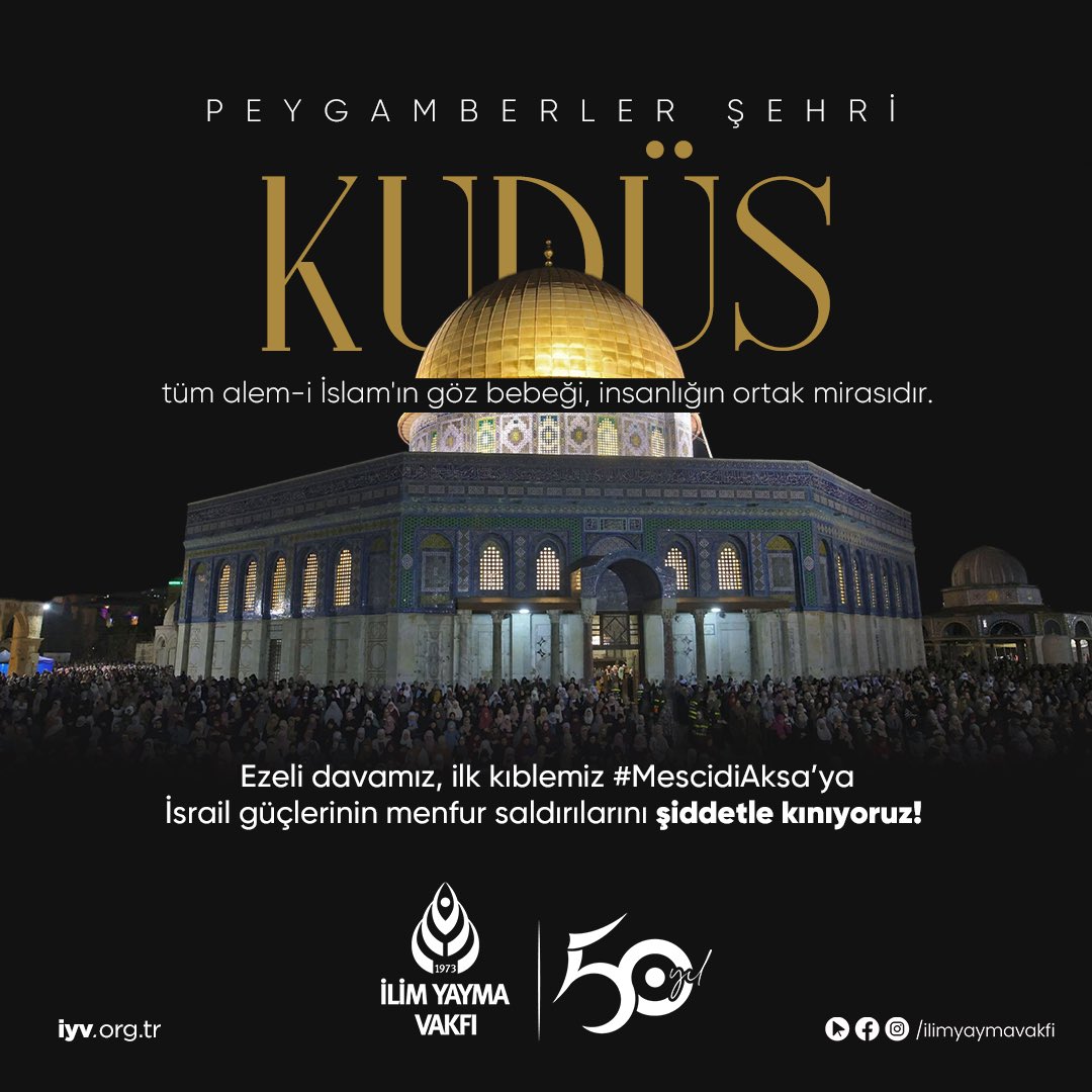 Ezeli davamız, ilk kıblemiz #MescidiAksa’ya İsrail güçlerinin saldırılarını şiddetle kınıyoruz! 

Peygamberler şehri Kudüs; tüm alem-i İslam'ın göz bebeği, insanlığın ortak mirasıdır.