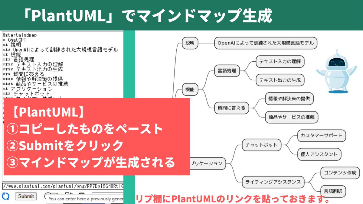 ChatGPTの「マインドマップ生成」プロンプトが便利すぎたので共有。

１分で完成するので超おすすめ！
やり方は図解で解説します。

 ──────
【無料配布】

今話題のAIトレンドがまるっとわかるChatGPTの教科書

このツイートにいいねとRTしたフォロワーさん限定でDMに送ります。