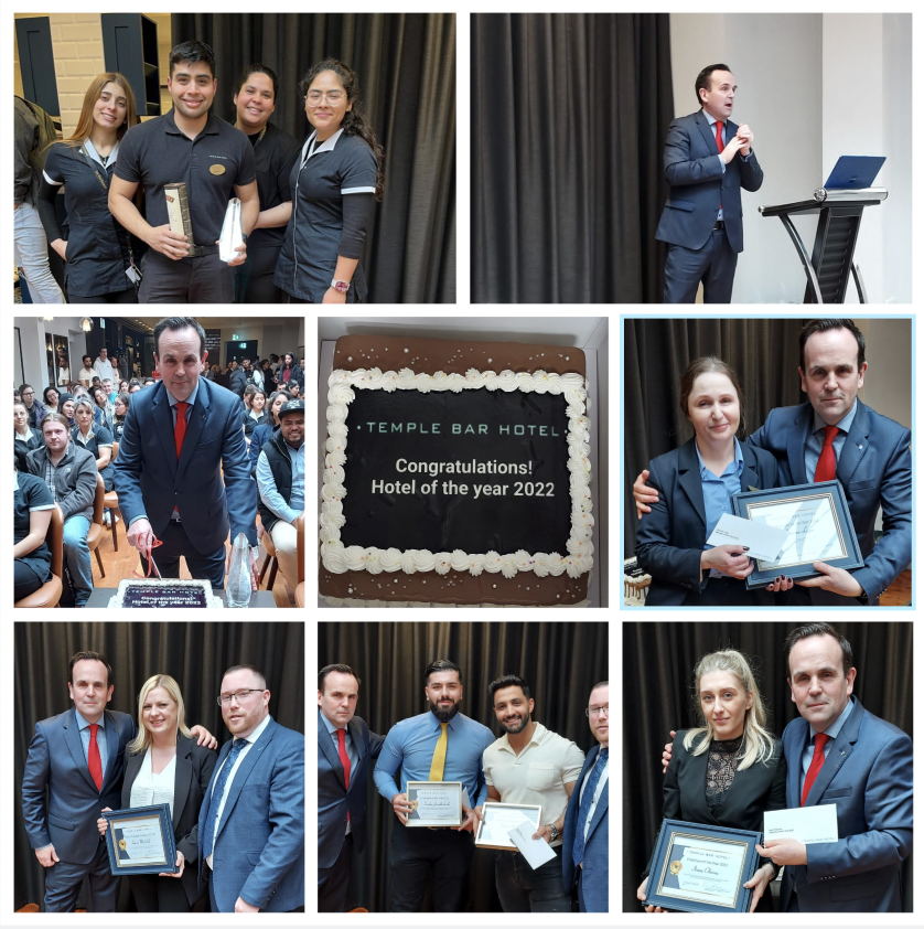 Temple Bar Hotel hosted an awards ceremony for staff, incl. Employee and Manager of the Year. We're named Hotel of the Year at the Pyramid Global Hospitality awards also. Thanks to our amazing team and community. Congrats to winners and thanks to guests/partners.