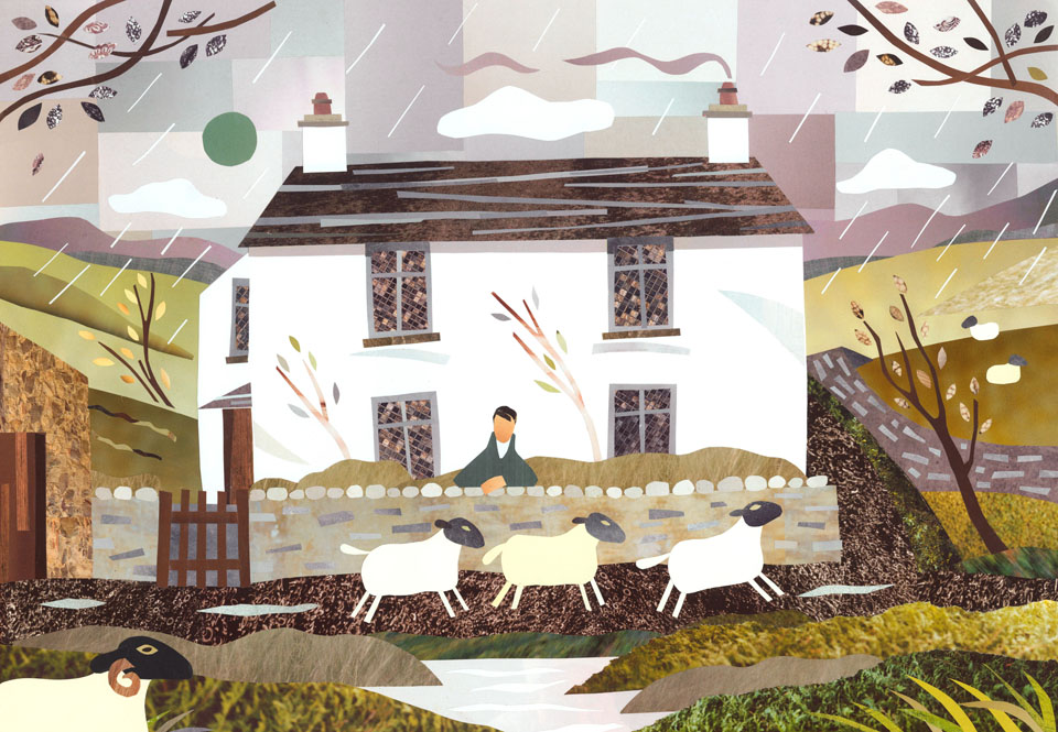 Another Writers House card back in my shop after long absence ...
#Wordsworth's home in Grasmere.
'Sheep and Storm, Dove Cottage' (cut paper collage)
amandawhitedesign.etsy.com
 #elevenseshour #wordsworth #DoveCottage #etsystore #writershouses #greetingcards