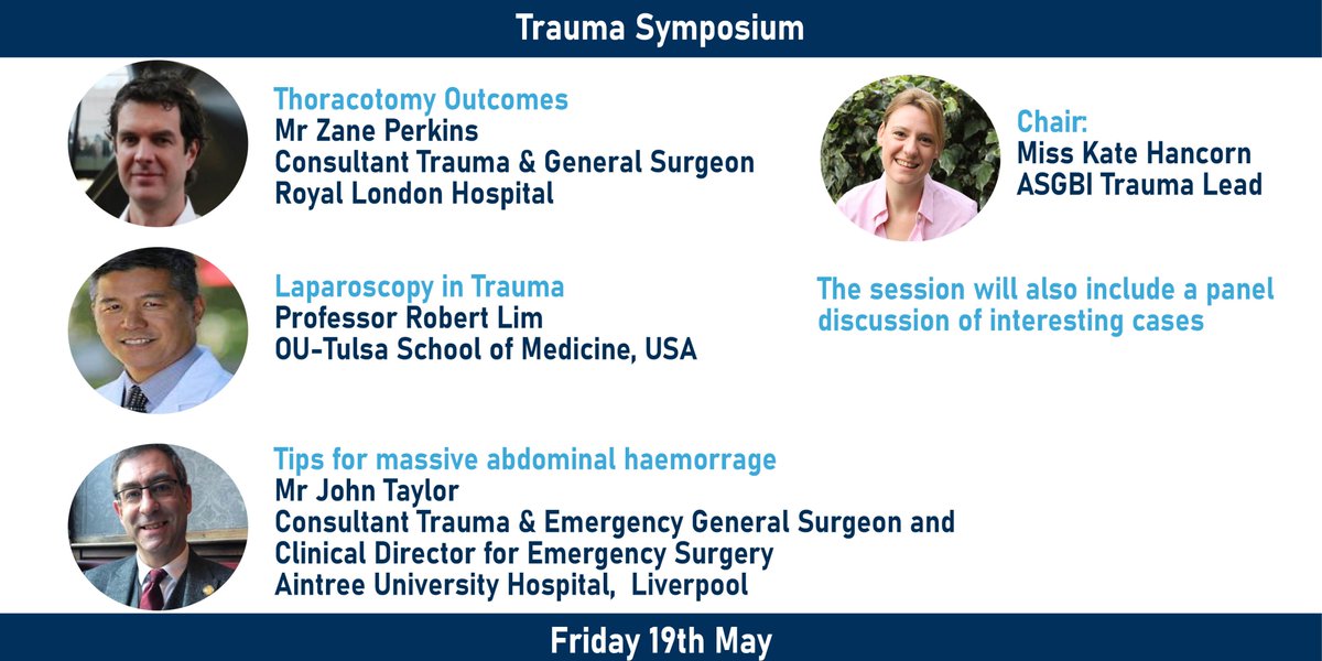 ASGBI (@asgbi) on Twitter photo Spotlight on Trauma Surgery at #ASGBI2023
Come and ask the <a href="/KateHancorn/">Kate Hancorn</a> <a href="/ZBPerkins/">Zane Perkins</a> <a href="/johnvtaylor/">John Taylor FRCSEd FACS</a> and Robert Lim everything you ever wanted to know about thoracotomy, laparoscopy in trauma and tackling major haemorhage.
Full programme and register here: events.asgbi.org.uk Spotlight on Trauma Surgery at #ASGBI2023
Come and ask the <a href="/KateHancorn/">Kate Hancorn</a> <a href="/ZBPerkins/">Zane Perkins</a> <a href="/johnvtaylor/">John Taylor FRCSEd FACS</a> and Robert Lim everything you ever wanted to know about thoracotomy, laparoscopy in trauma and tackling major haemorhage.
Full programme and register here: events.asgbi.org.uk