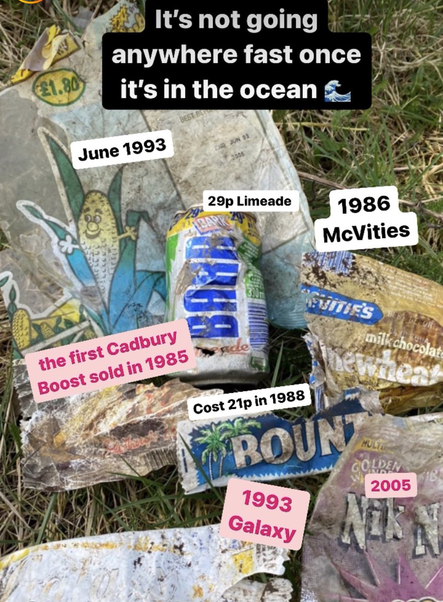 Best before 1986! Latest @mcsuk beach survey collected 12kg washed on shore & these old food wrappers. Original Cadbury Boost ‘85, McVities ‘86, Butterkist Popcorn ‘93 & a Bounty RRP 21p from ‘88 plus much more. This historic problem shows #plasticisforever. We have to do better.