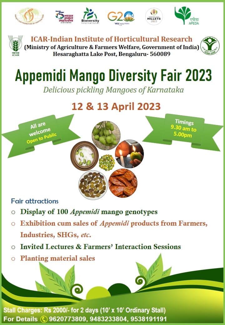 nhfiihr's tweet photo. @ICAR_IIHR is organising Appemidi Mango Diversity Fair 2023 during 12-13 April, 2023 at its Hesaraghatta campus. You are cordially invited. https://t.co/Lb0xzx31QA