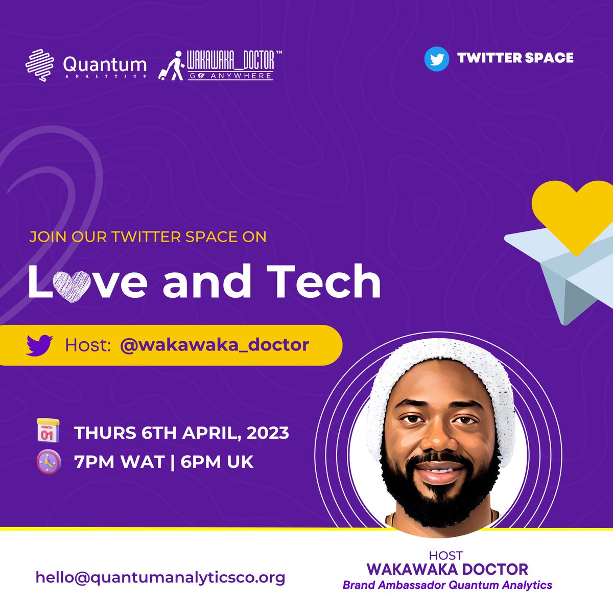 quantumanalyst's tweet image. Today, we are set to host a super interesting #chat with our amazing ambassador @wakawaka_doctor

He will be live to speak on the topic:

▶️ Love &amp;amp; Tech
🗓 Thursday, 6th April
⏰️ 7PM (WAT)

Set your reminders. Don’t miss it.

#techchat #twitter #TechisHiring #quantumanalytics
