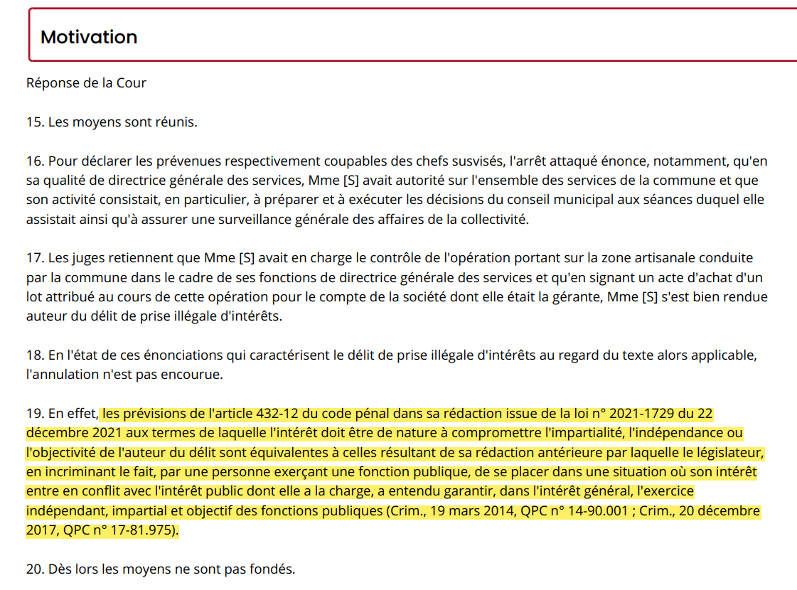 Chambre criminelle - 5 avril 2023 - Prise illégale d'intérêts

Pour la première fois, la chambre criminelle énonce que l'intérêt de nature à compromettre l'impartialité, l'indépendance ou l'objectivité de l'auteur équivaut à l'ancien "intérêt quelconque".
urlz.fr/lgY2