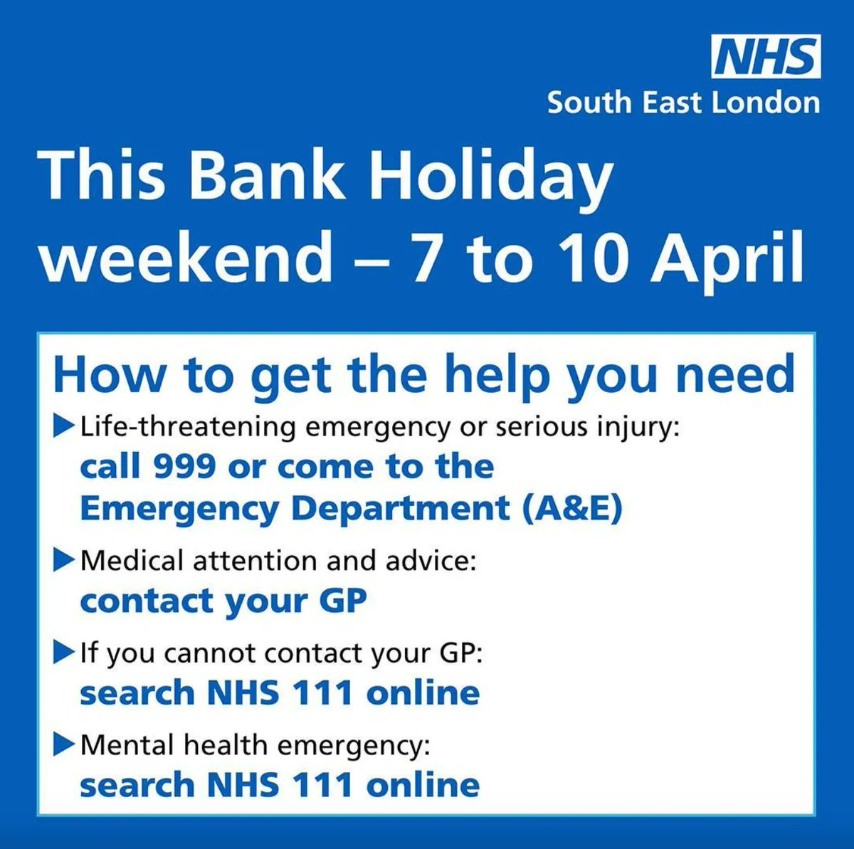 The Easter weekend is almost here in @Royal_Greenwich. If you are unwell this bank holiday weekend please #helpushelp and use the right service.

In an emergency or for other care, here’s how to get the help you need: selondonics.org/usetherightser…